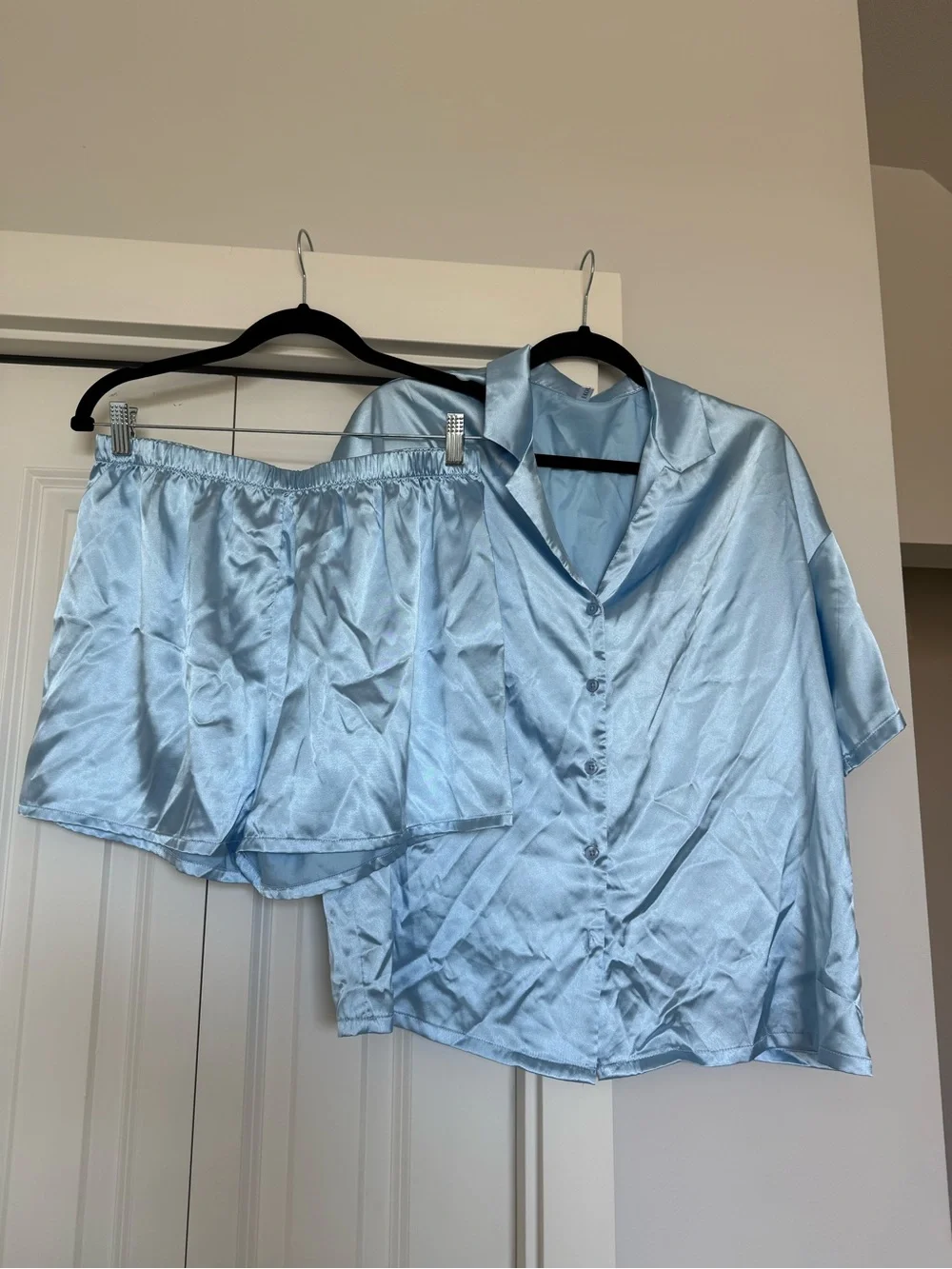 Amazon Women's Satin Short Sleeve Pajama Set in Light Blue